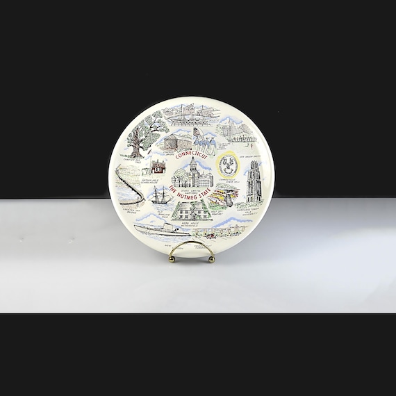 Vintage Connecticut Souvenir Plate, The Nutmeg State Collector Plate, Travel Memorabilia