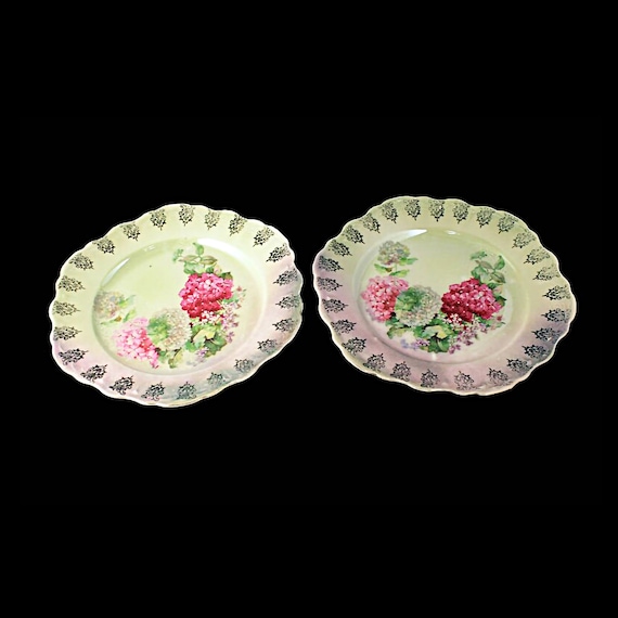 Antique German Salad Plates, Fine Porcelain, Set of 2, Hydrangea Pattern, Hand Painted, Embossed, Gold Filigree Edge