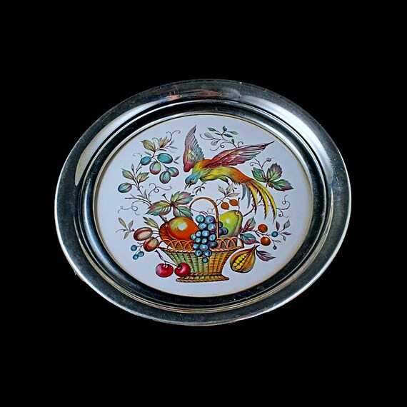 Trivet, Ceramic Center, Aluminum Rim, Cork Backing, Bird of Paradise Design, Round Trivet