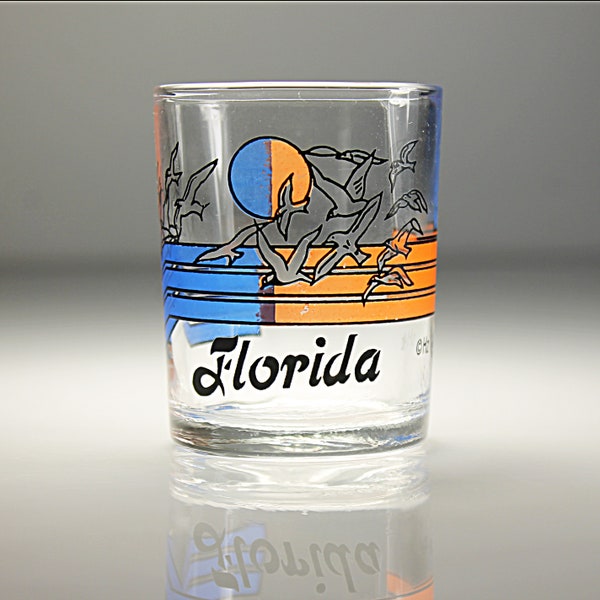 Souvenir Shot Glass, Florida, Seagulls, Clear Glass, Pryo-Glazed, Collectible, Barware