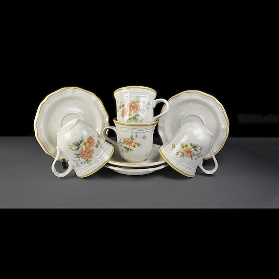 Cups and Saucers Set of 4 - Mikasa Garden Club Silk Bouquet, Discontinued Stoneware Floral Design, 8 Ounce