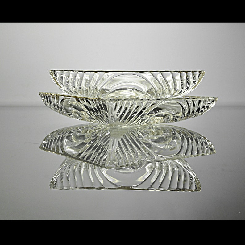 Fyrkantiga öppna godisskålar, Hazel Atlas, Art Deco-design, Depressionsglas, Set om 2, Guldkant bild 5