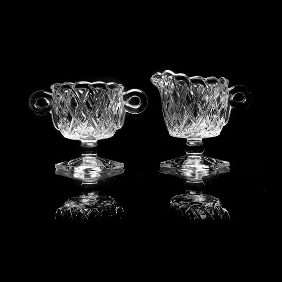 Square Footed Sugar and Creamer, Indiana Glass, Pretzel Pattern, Pressed Glass, Clear Glass