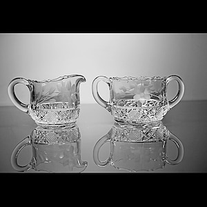 Antique Sugar and Creamer, EAPG McKee Innovation, Wheel Cut Floral, Clear Glass, Cut Floral