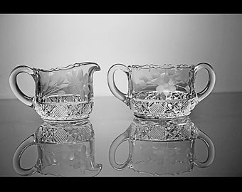 Antique Sugar and Creamer, EAPG McKee Innovation, Wheel Cut Floral, Clear Glass, Cut Floral