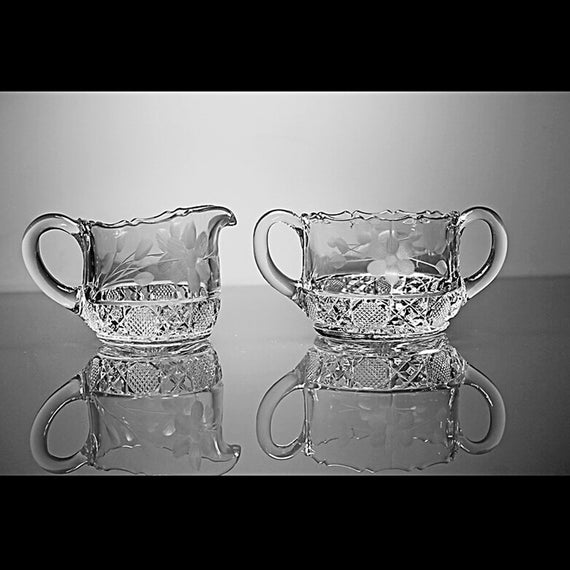 Antique Sugar and Creamer, EAPG McKee Innovation, Wheel Cut Floral, Clear Glass, Cut Floral