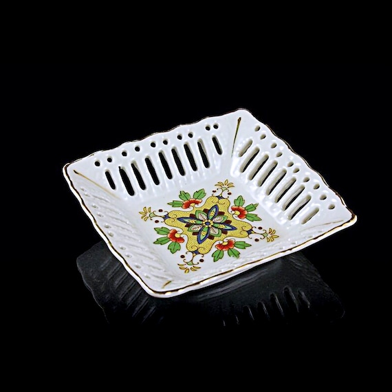 Square Reticulated Dish, Small, Porcelain, Made in Japan, White, Floral