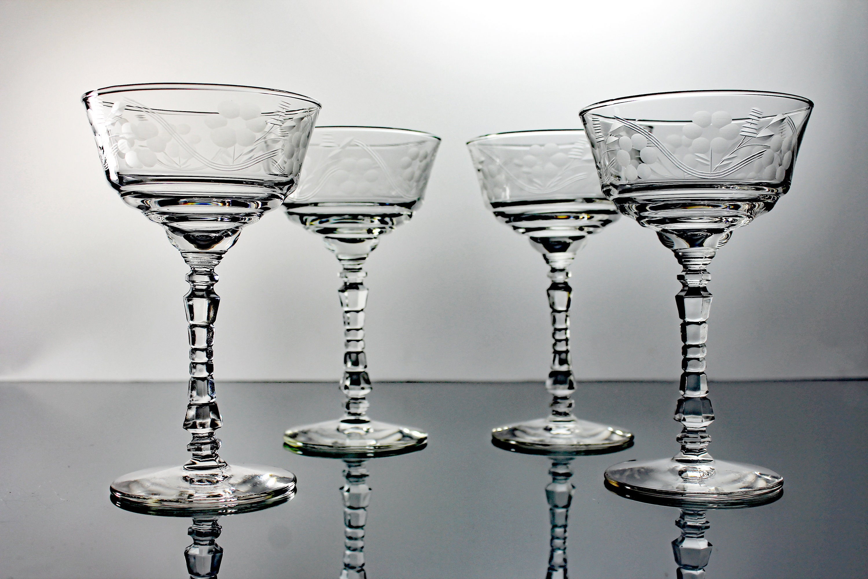 Etched Liquor Cocktail Glasses, Rock Sharpe, Libbey, Wine Glasses, Gray