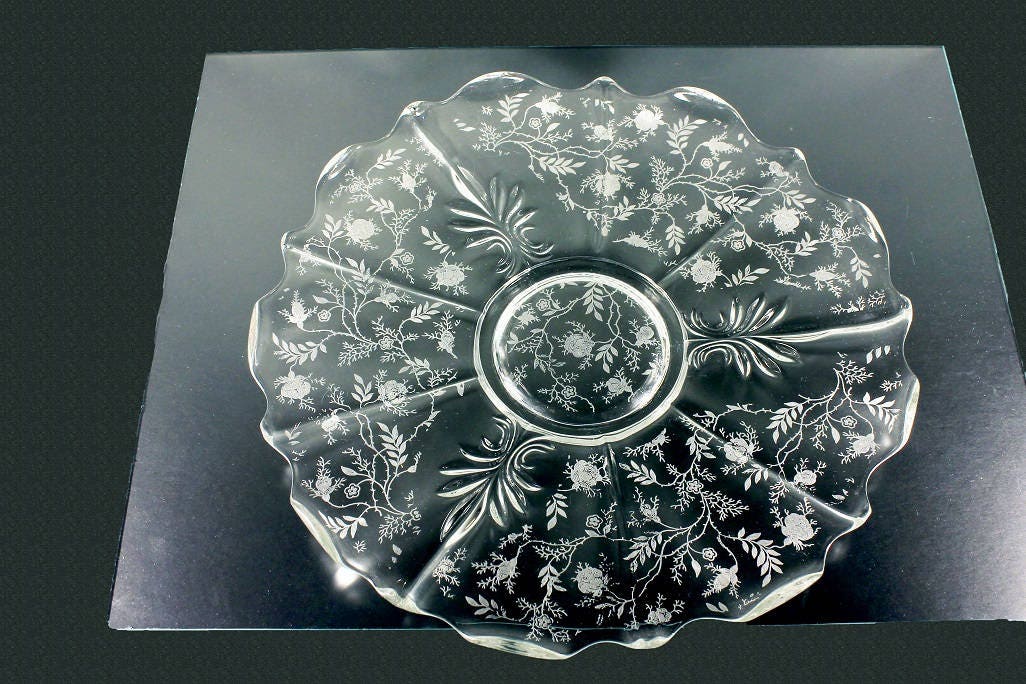 Fostoria, Baroque Torte Plate, Chintz Pattern, Etched Glass, Scalloped