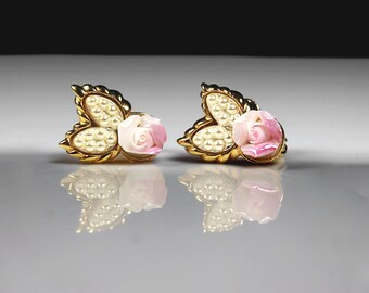 Avon Rose Blossom Earrings, Clip-On, Gold Tone, Womens Gift