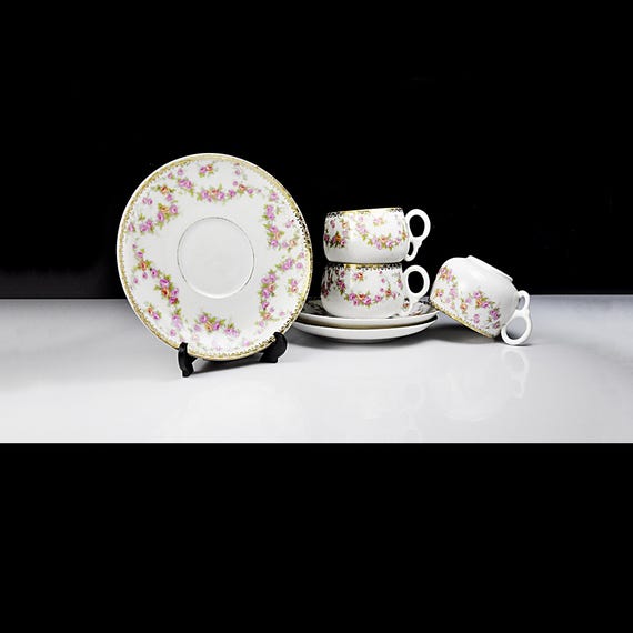 Antique Union T Bridal Rose Teacups and Saucers – Czechoslovakia Porcelain, Set of 3, Pink Floral with Gold Trim