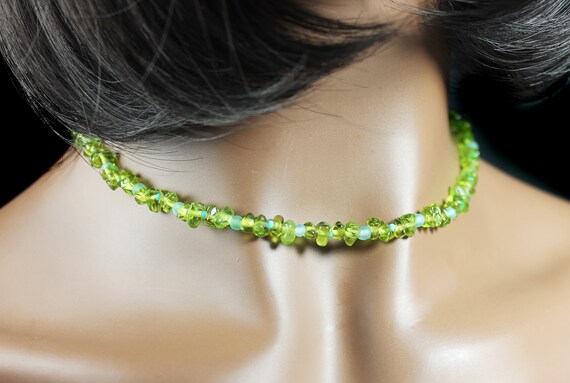 Peridot Droplet Chip Necklace, Baked Beads, Blue Bead Spacers, Jewelry, Woman's Gift