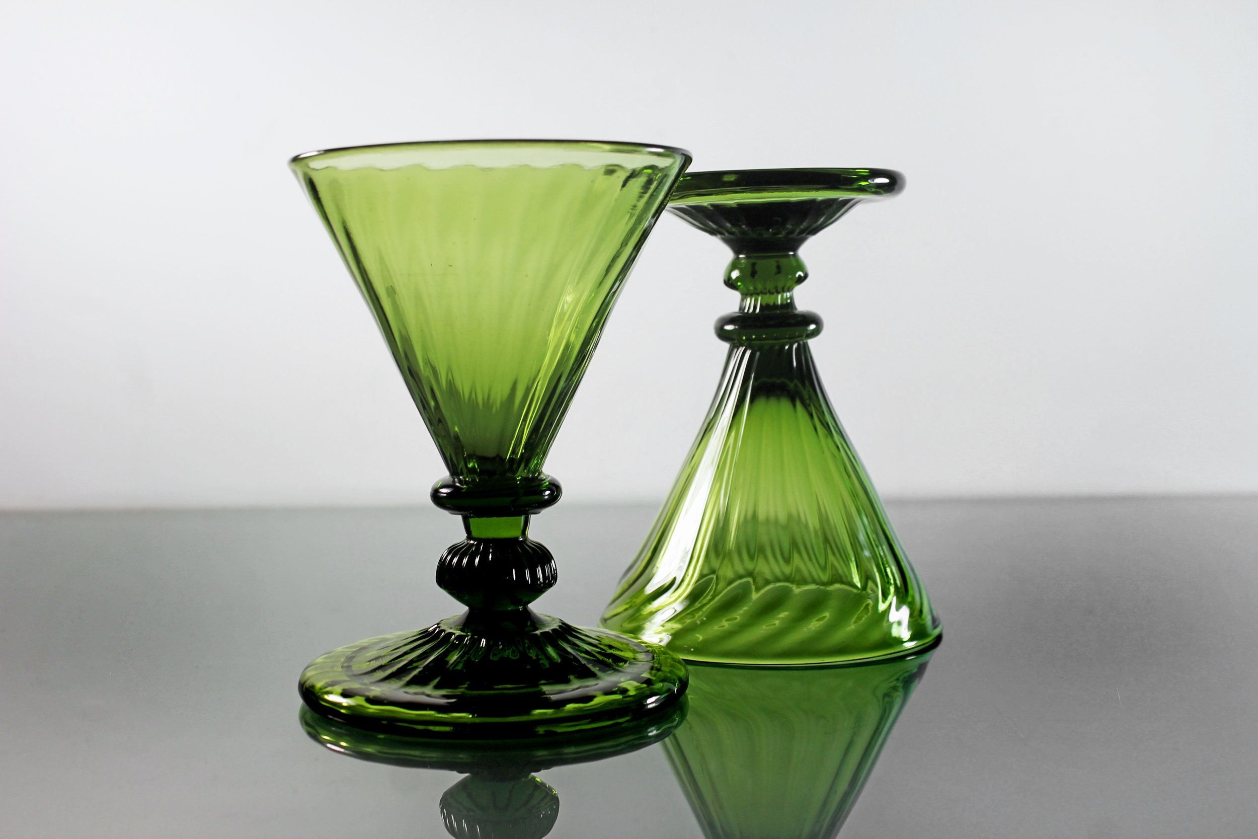 Antique Pedestal Dessert Bowls, Hand Blown Glass, Green, Candy Dishes