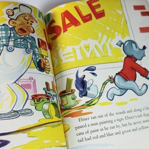 May include: An illustration of a man painting a sign with a paintbrush. The sign says "SALE" and "PAINT". A blue dog with a red shirt and a long tail is running away from the man. The dog's tail is dragging through a puddle of blue paint.