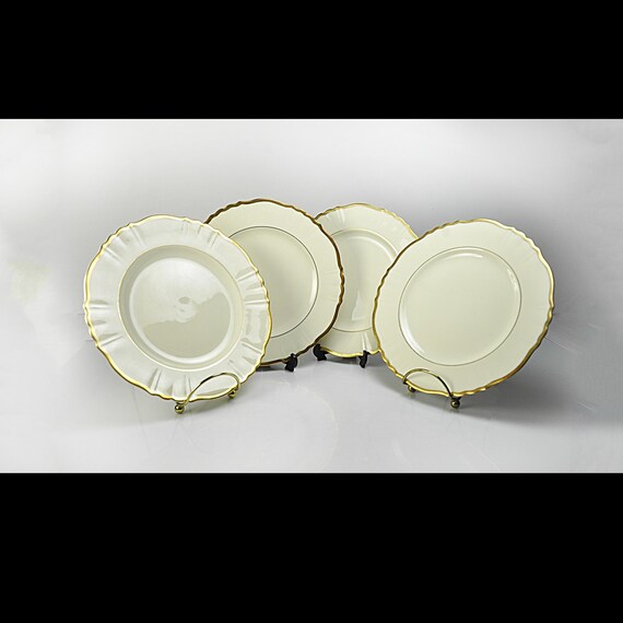 Syracuse China Brantley Salad Plates – Set of 4 - Old Ivory with Gold Trim – 8 Inch – Made in USA 1949–1967