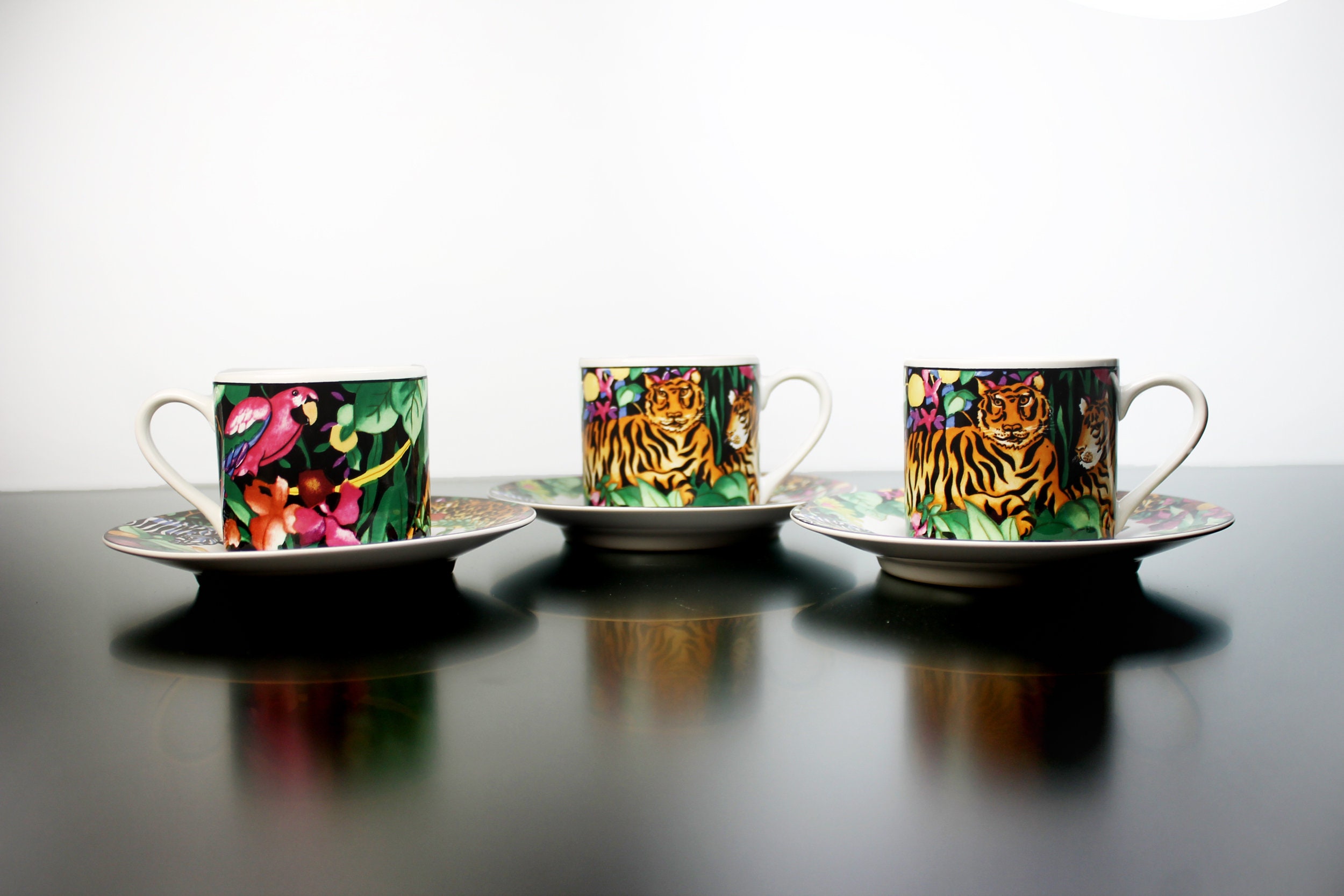 Demitasse Cup and Saucers, Vitromaster, Rainforest, Stoneware, Animals