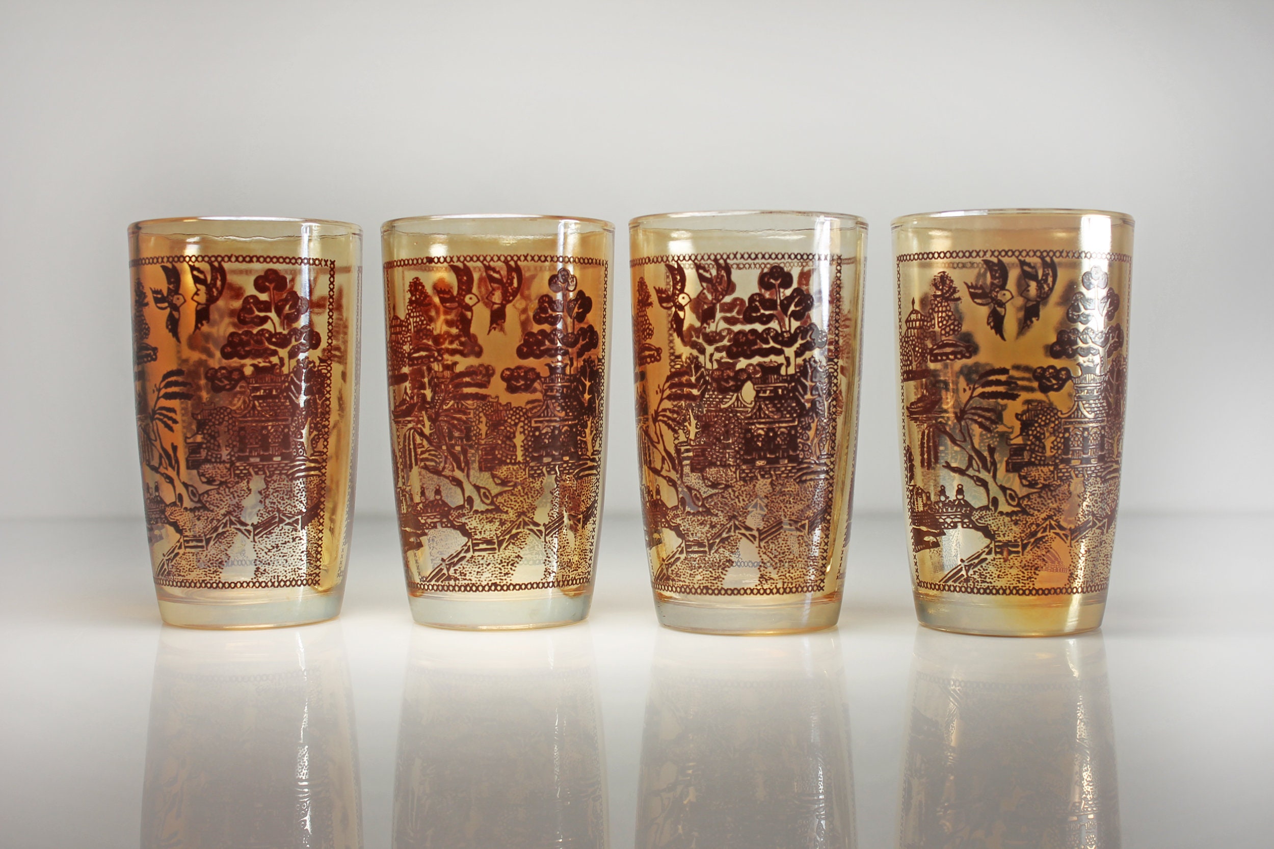 Juice Glasses, Federal Glass, Brown Willow, Barware, Set of 4, Carnival
