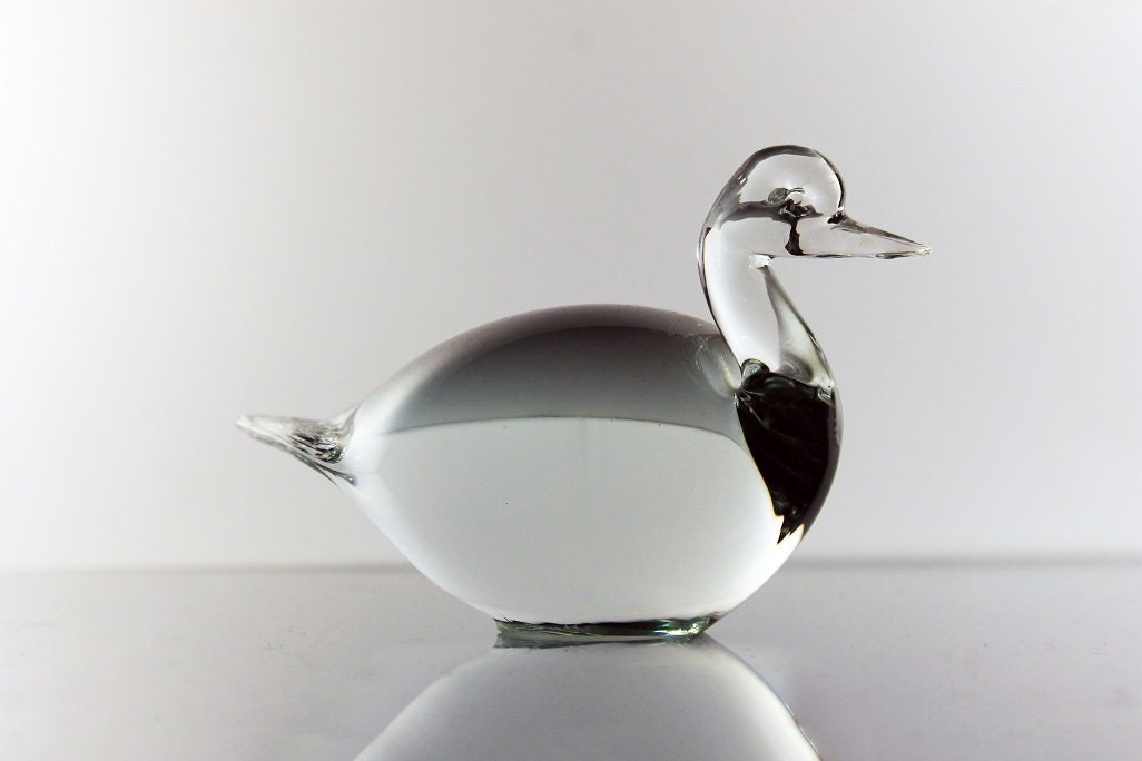 Art Glass, Mallard Duck, Paperweight, Clear Glass, Heavy Glass, Figurine, Collectible