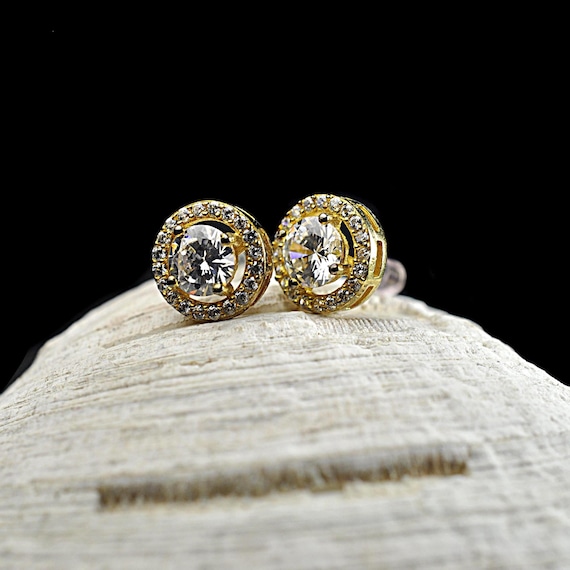 Gia Fiorella Gold Tone Sterling Silver CZ Halo Stud Earrings with Box
