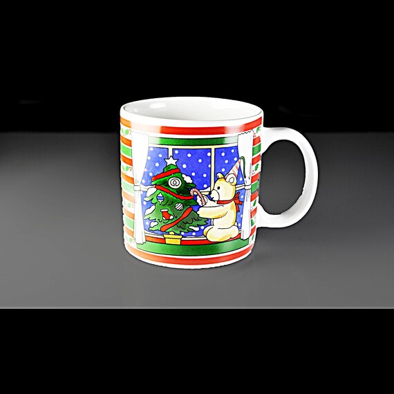 Christmas Mug with Teddy Bear & Christmas Tree - 10 oz Holiday Coffee Cup - Cute and Festive Holiday Decor