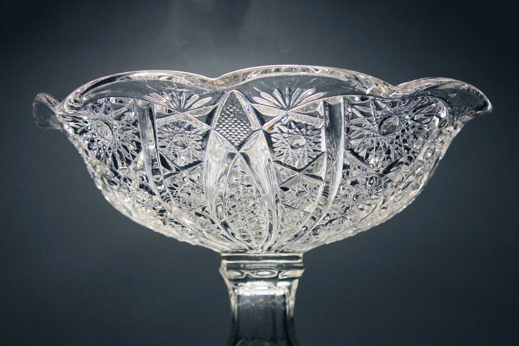 Antique EAPG Compote Bowl, Hobstar Pattern, 1800s, Pressed Glass, Clear
