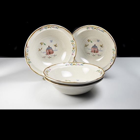 International Heartland Cereal Bowls, Set of 4, Stoneware, 6.75 Inch Farmhouse Pattern