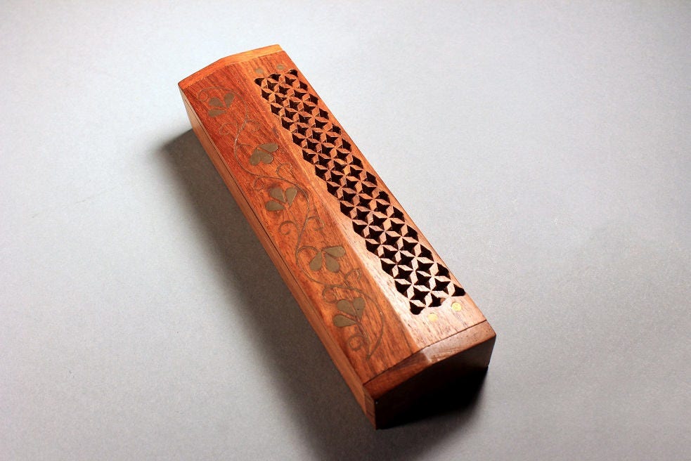 Wooden Pencil Box, Pen Box, Jewelry Box, Trinket Box, Lattice Cut, Gold