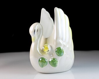 白鳥のプランター、黄色の縁取り、浮き彫りの花、鳥、置物、磁器、収集