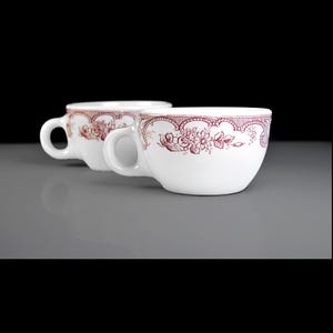 Pair of Wellsville China Majestic Restaurant Cups – Red Floral Rim – Heavy Vitrified Diner Ware