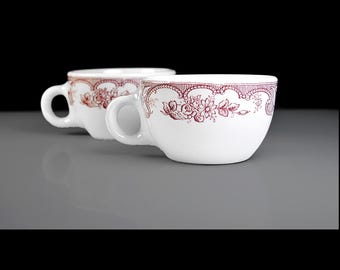 Pair of Wellsville China Majestic Restaurant Cups – Red Floral Rim – Heavy Vitrified Diner Ware