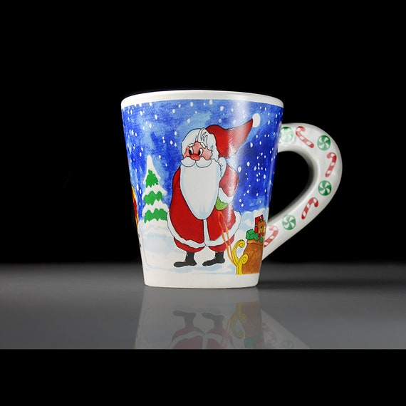 Christmas Holiday Mug, Santa Claus, Snowmen, Candy Canes, Giftware, 10 Ounce