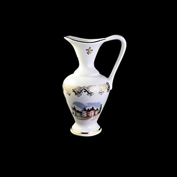 Miniature Souvenir Pitcher, R F France, Chaumont, White and Gold, Collectible