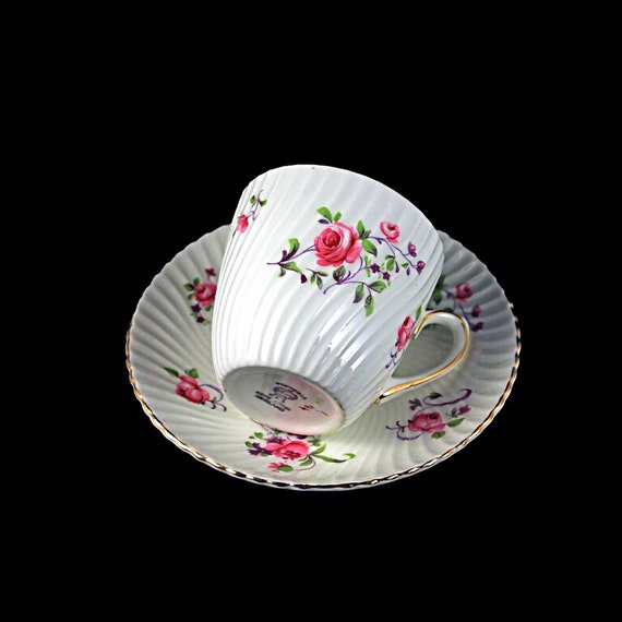 Teacup and Saucer, Victoria, C & E,  Cartwright and Edwards, Fine Bone China, Rose Floral, Made in England, Gold Trimmed