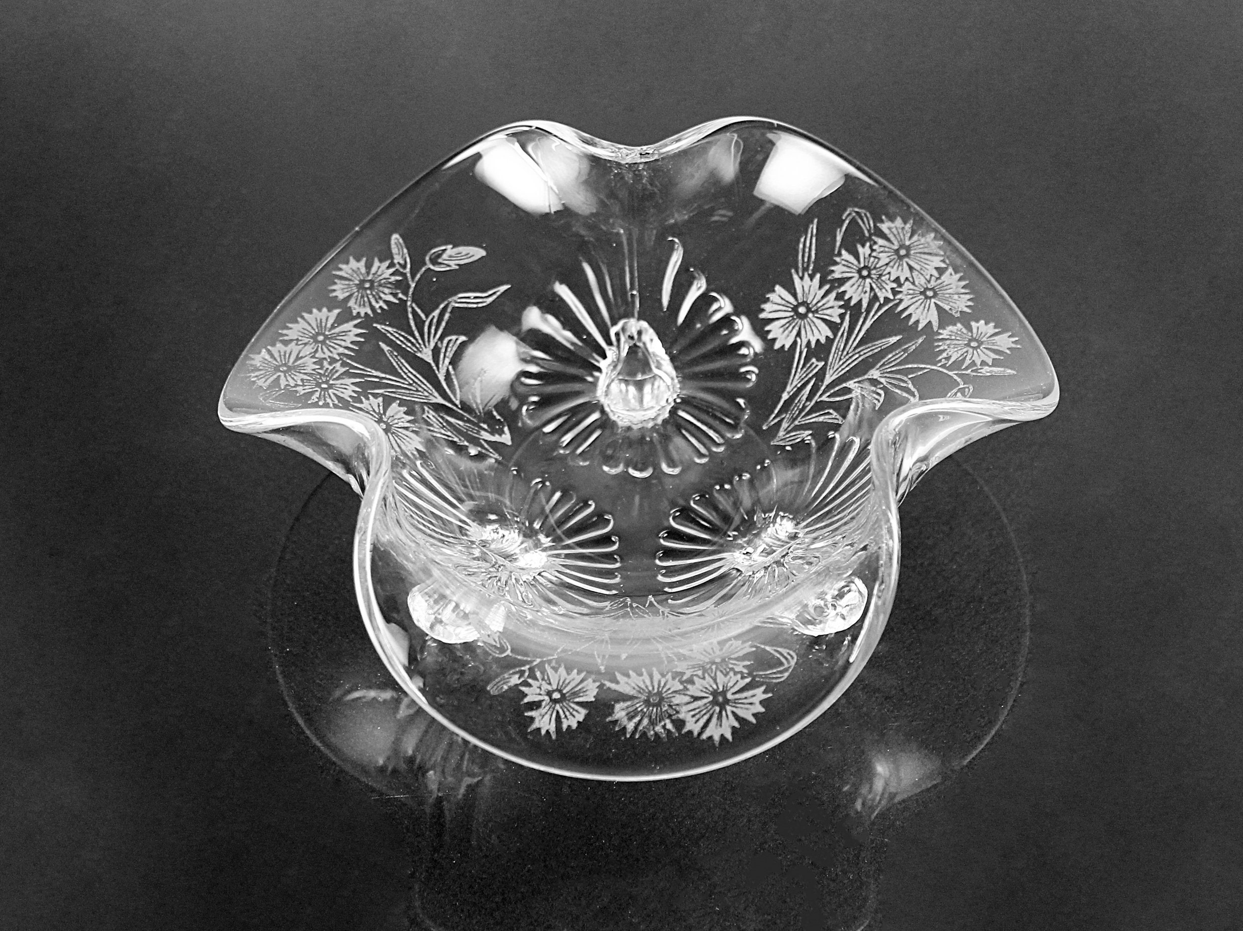 Etched Glass Bon Bon Bowl, Duncan and Miller, Three Leaf, Ruffled Edge