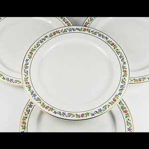 Könnte beinhalten: Vier weiße Keramik-Dinnerteller mit goldfarbenem Rand und einem floralen Muster in Rosa, Blau und Grün.
