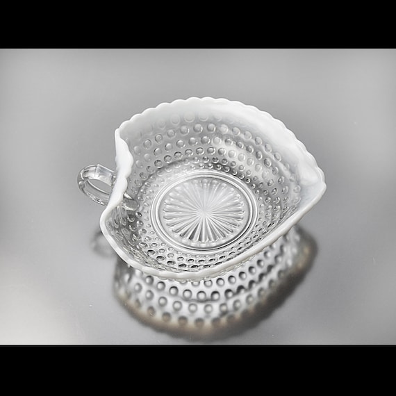 Anchor Hocking Moonstone Heart Nappy Dish – Opalescent Hobnail Glass with Handle, 1940s Candy or Trinket Bowl