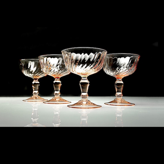 Cristal D'Arques Rosaline Pink Champagne Glasses, Set of 4, Optic Swirl Coupe, Tall Sherbet