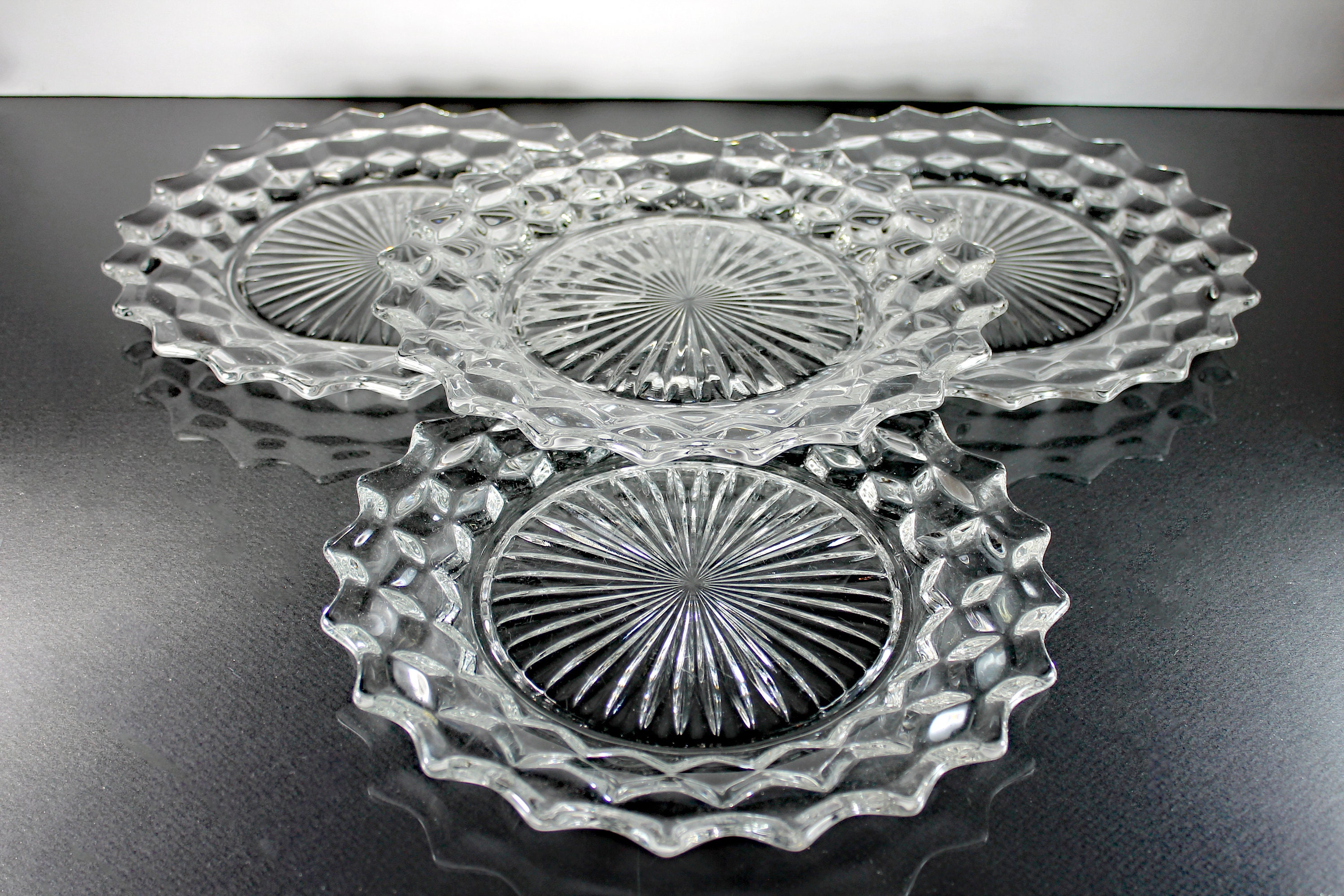 Dinner Plates, Fostoria, American, Set of 4, Clear Glass, Cube Design