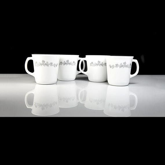 Vintage Corning Ribbon Bouquet Mugs Set of 4, White Floral Coffee Cups, Corelle CorningWare