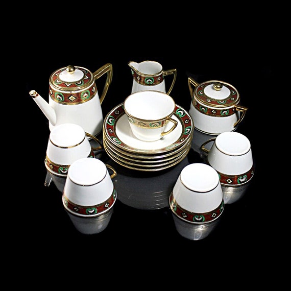 Antique Demitasse Tea Set, AA Vantine, Teapot, 5 Cups and Saucers, Sugar and Creamer, Moriage Design, Circa 1918, Hand Painted, Collectible