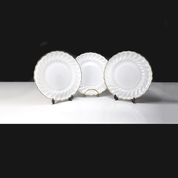 Anchor Hocking Golden Shell Milk Glass Salad Plates, Set of 3, White Swirl Gold Trim