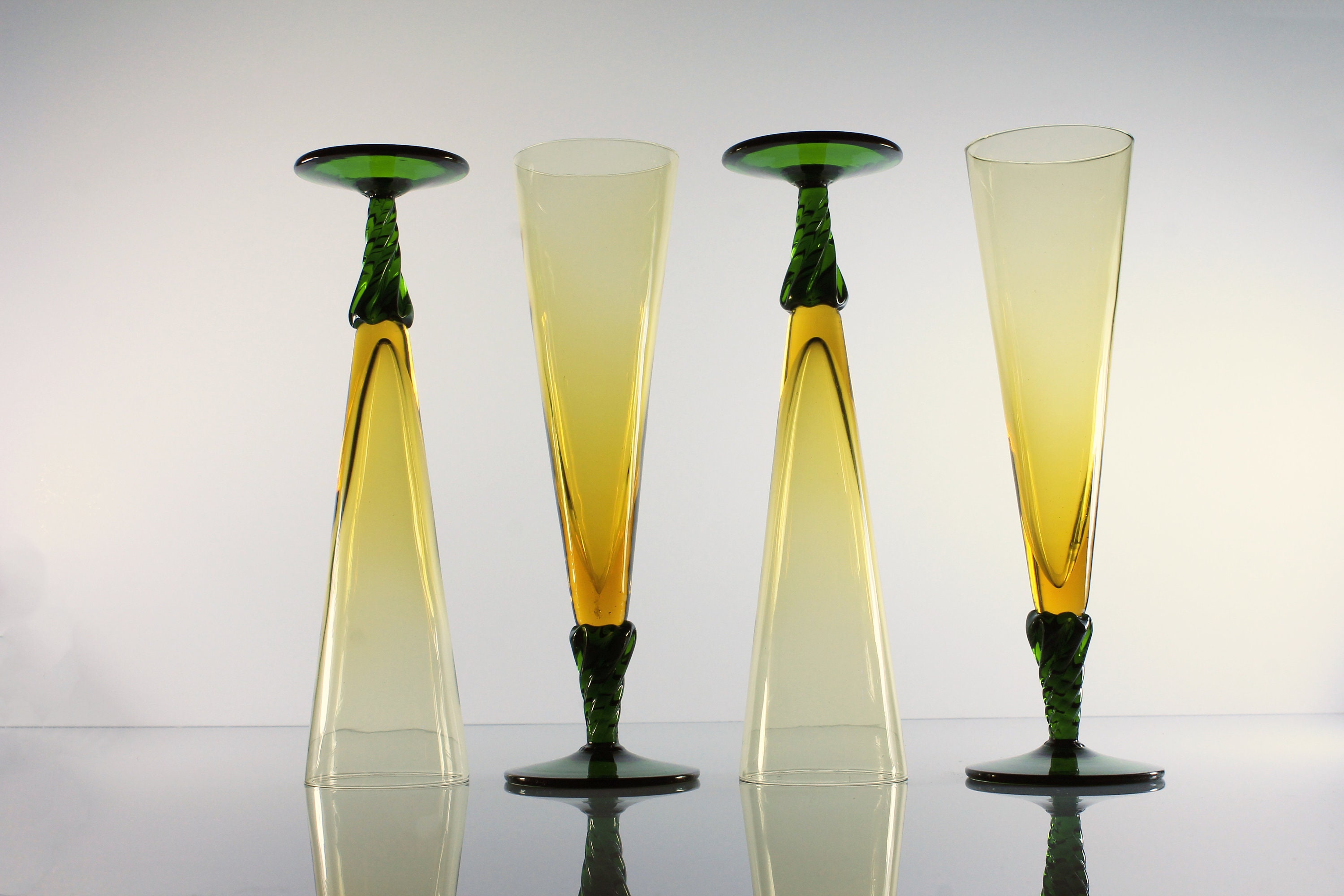 Pilsner Glasses, Hand Blown, Amber and Green, Twisted Stem, Set of 4