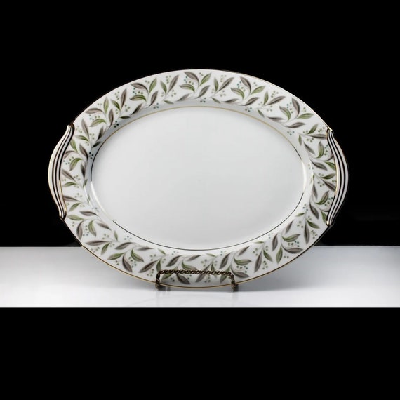 Noritake China Oval Platter, Carole, 13 Inch, Green and Gray Leaves, Gold Trim