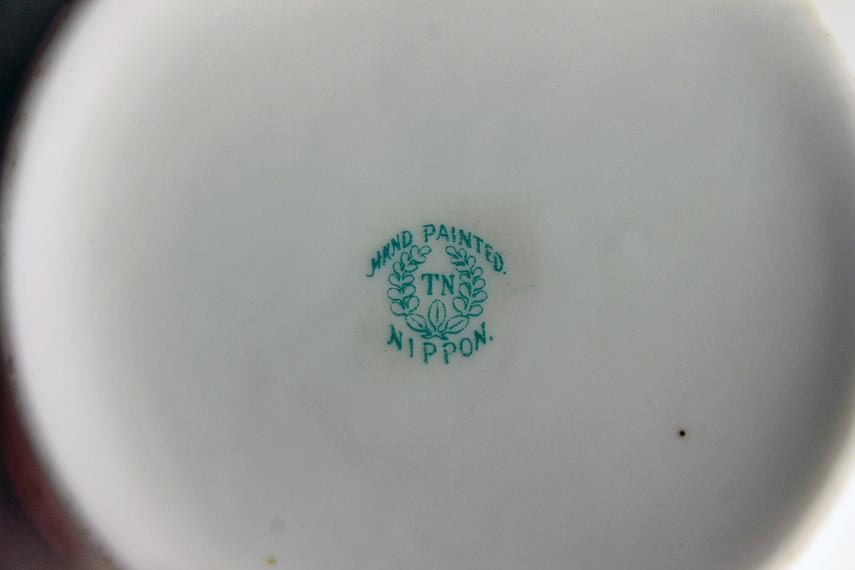 Antique Porcelain Nippon Bowl, T N Nippon Mark, Hand Painted, Temple Pattern, 2 Handles, Brown Trim