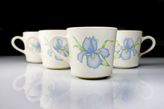 Mugs, Corning, Iris, Cornerstone, Set of 4, 8 Ounce, White, Blue Floral