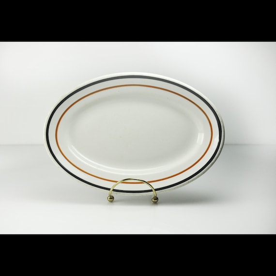 Jackson China Relish Platter – 1923–1946 Restaurant Grade – Orange & Black Stripe – 9 Inch Oval Serving Dish – Vitrified China Made in USA