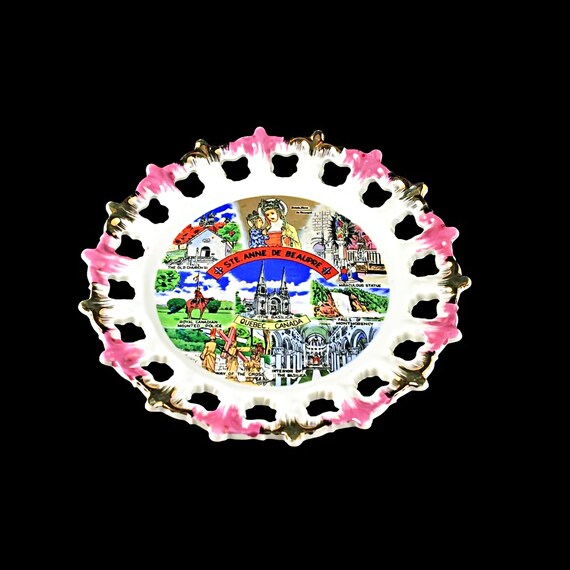 Ste. Anne De Beaupre, Souvenir Plate, Giftcraft, Decorative Plate, Reticulated, Pink and Gold Brushed Scalloped Edge, Quebec, Canada