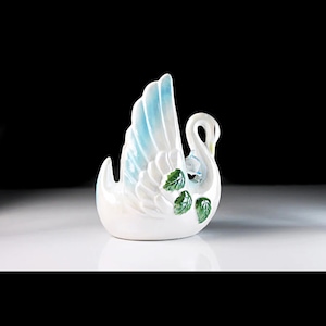 Swan Planter, Blue Trim, Raised Flowers, Bird, Figurine, Porcelain, Collectible, Decor