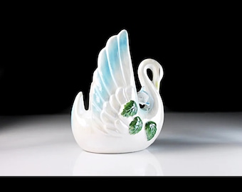 白鳥のプランター、青い縁取り、浮き彫りの花、鳥、置物、磁器、収集品