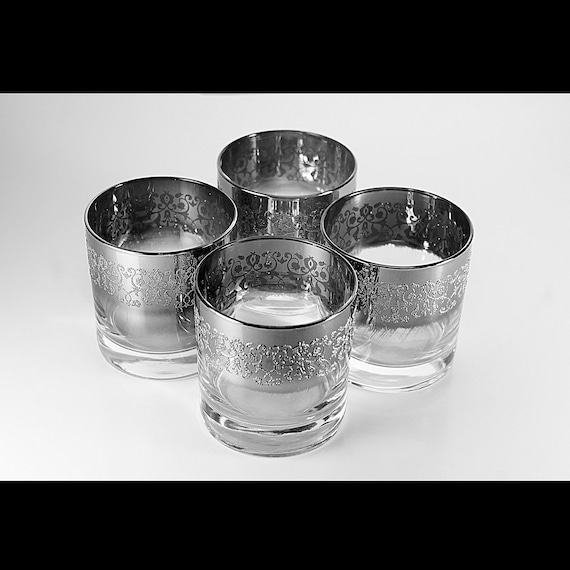 Old Fashion Glasses, Royal Luster, Silver Madeira, Set of 4, Encrusted Platinum Rim, Rock Glasses, Barware, 8 Ounce